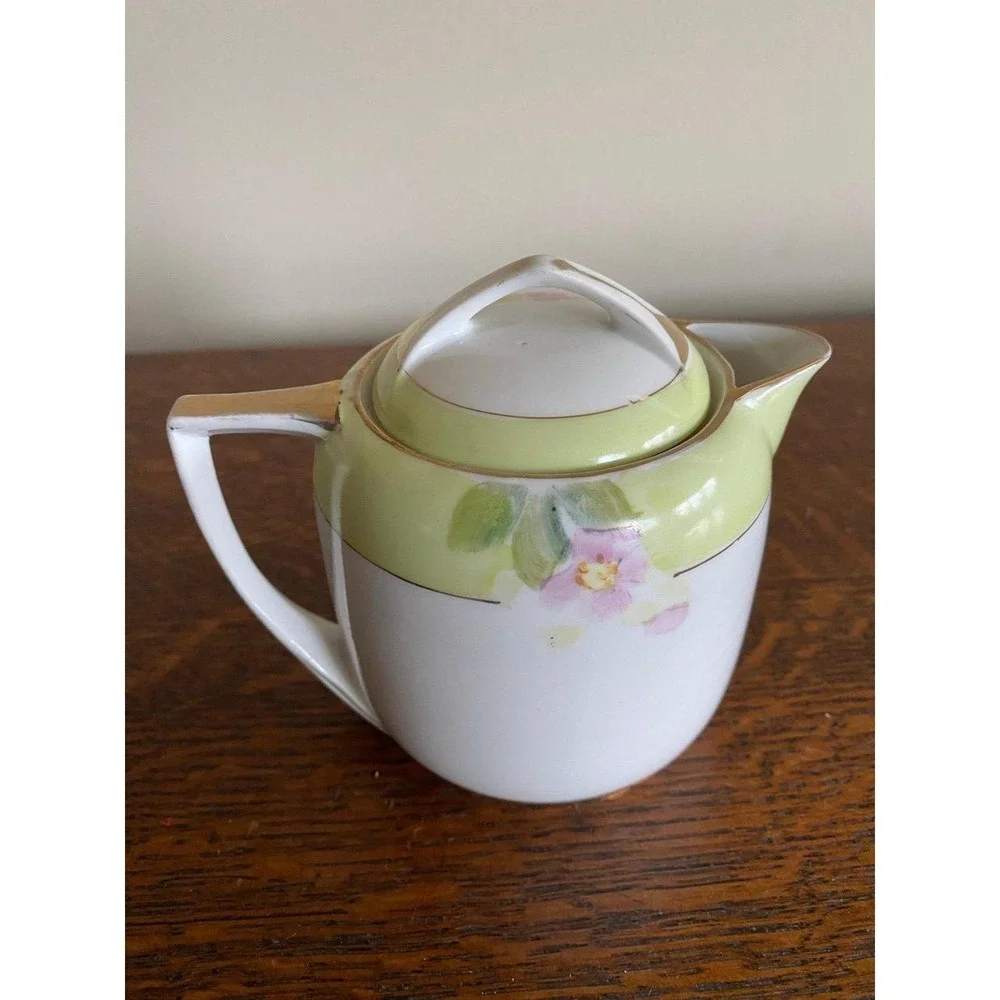 Nippon Hand-panted Creamer Azalea Floral ceramic pitcher with lid gold trim D6